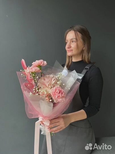 Цветы Букет Розы Гвоздика Гипсофила