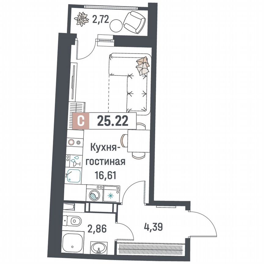 Квартира-студия, 25,2 м², 12/18 эт.