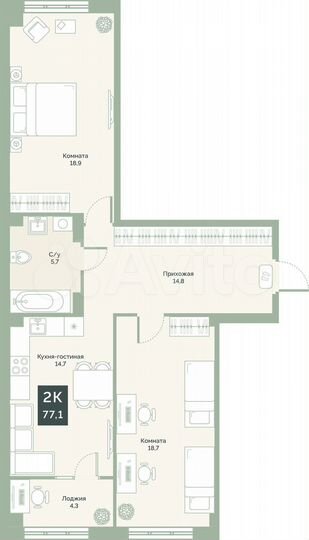 2-к. квартира, 77,1 м², 9/17 эт.
