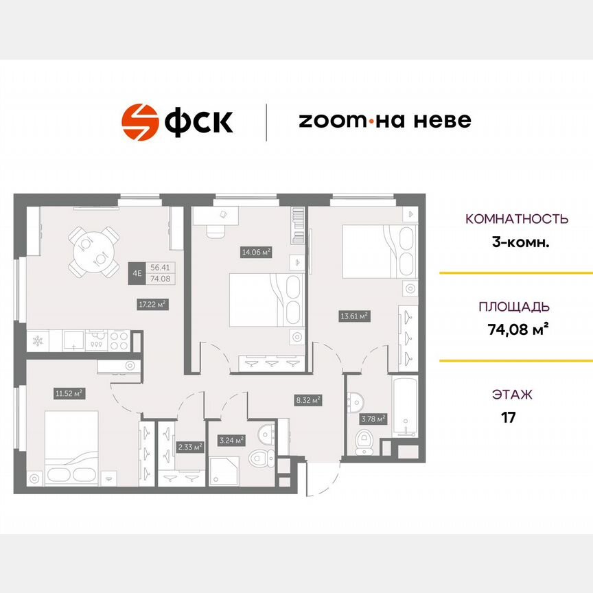 3-к. апартаменты, 74,1 м², 17/17 эт.
