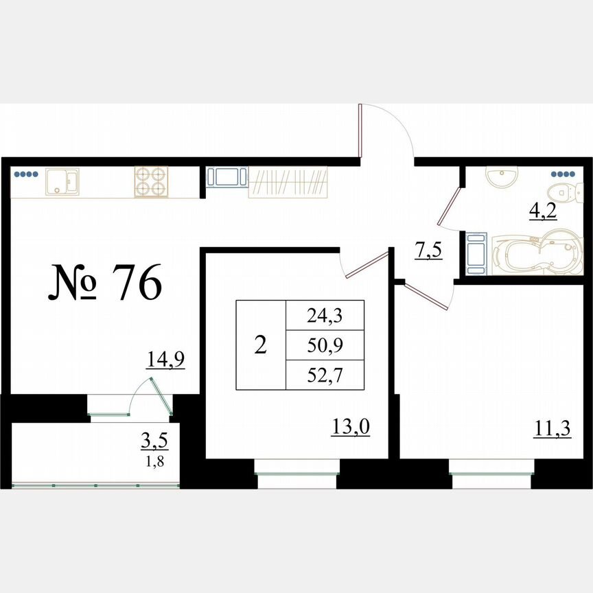 2-к. квартира, 52,7 м², 8/8 эт.