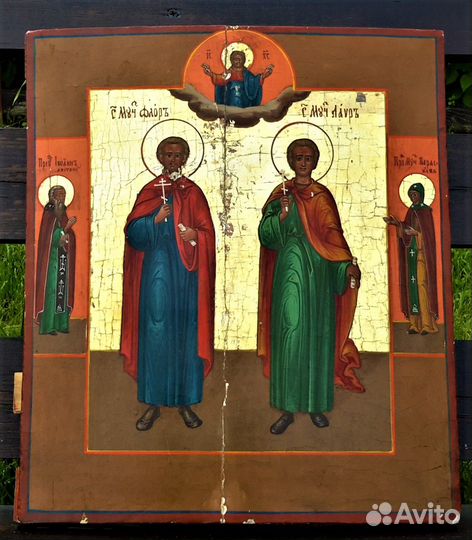 Старинная икона на золоте Святые Флор и Лавр