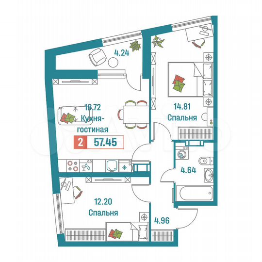 2-к. квартира, 57,5 м², 5/18 эт.
