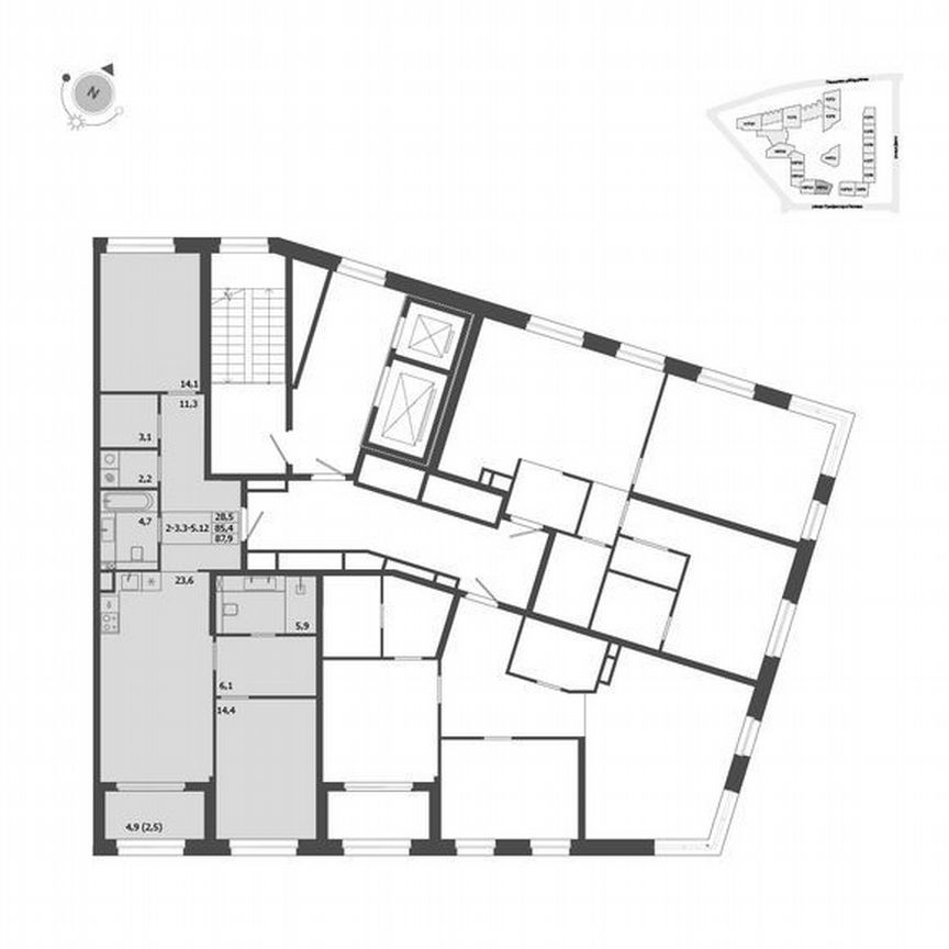 2-к. квартира, 87,9 м², 5/9 эт.