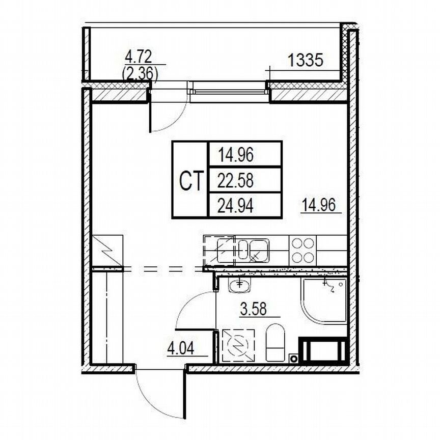 Квартира-студия, 24,9 м², 8/12 эт.