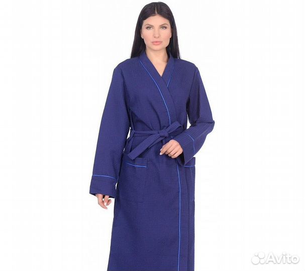 Халат вафельный Home One с кантом синий 60