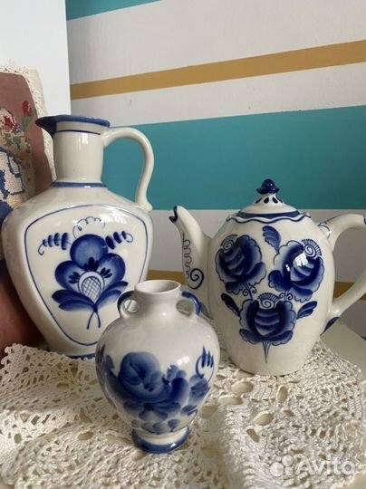 Посуда Гжель, СССР, кувшин, чайник, ваза