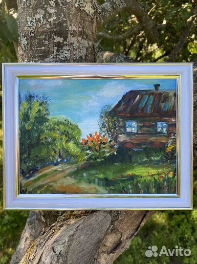 Живописная картина «Деревенька», холст на картоне