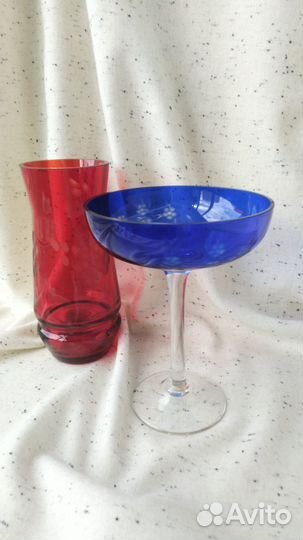 Ваза рубиновое стекло СССР, рюмки красное стекло
