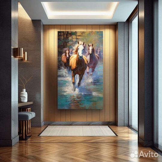 Картина маслом в интерьере Табун диких лошадей