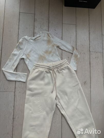 Штаны молочные, бежевые высокая талия.спортивные