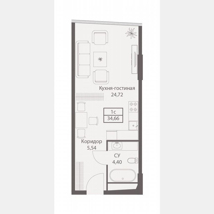 Апартаменты-студия, 34,7 м², 4/20 эт.