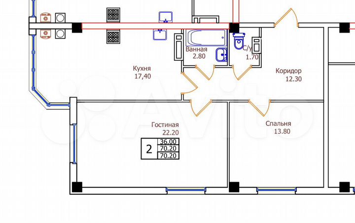 2-к. квартира, 70,2 м², 5/8 эт.