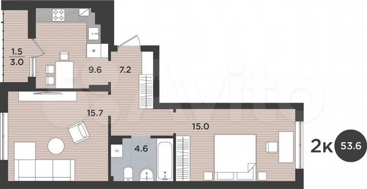 2-к. квартира, 53,6 м², 6/9 эт.
