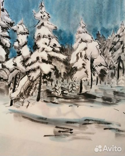 Картина зимние сосны