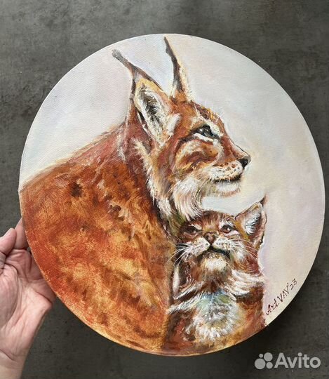 Картина маслом Две рыси Круглый холст 40 см