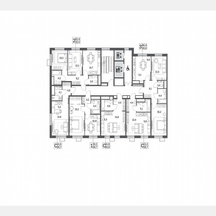 2-к. квартира, 52,4 м², 13/25 эт.
