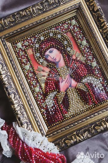 Икона вышитая хрусталем Семистрельная Богородица
