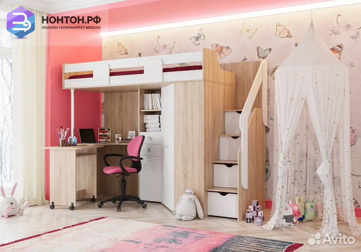 Кровать-чердак Мийа А дуб сонома светлый / белая ш