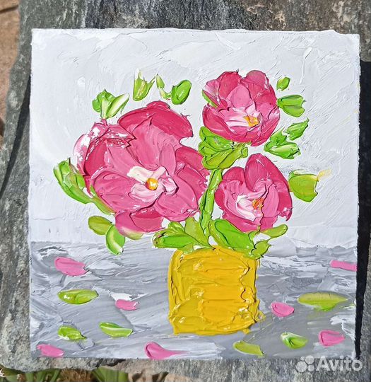 Объемная картина маслом пионы 3 миниатюры