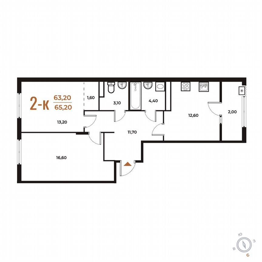 2-к. квартира, 65,2 м², 6/8 эт.
