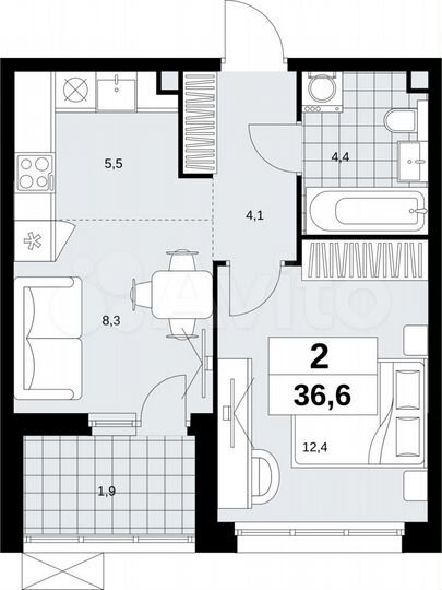 2-к. квартира, 36,6 м², 2/18 эт.