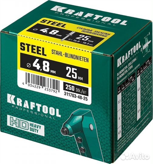 Kraftool Steel, 4.8 x 25 мм, 250 шт, стальные закл