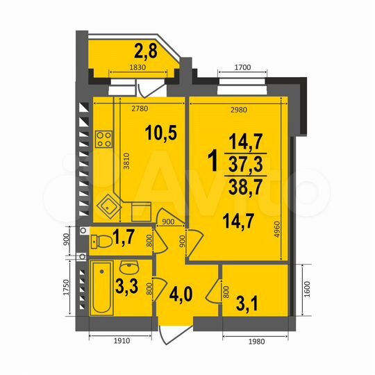 1-к. квартира, 38,7 м², 3/5 эт.
