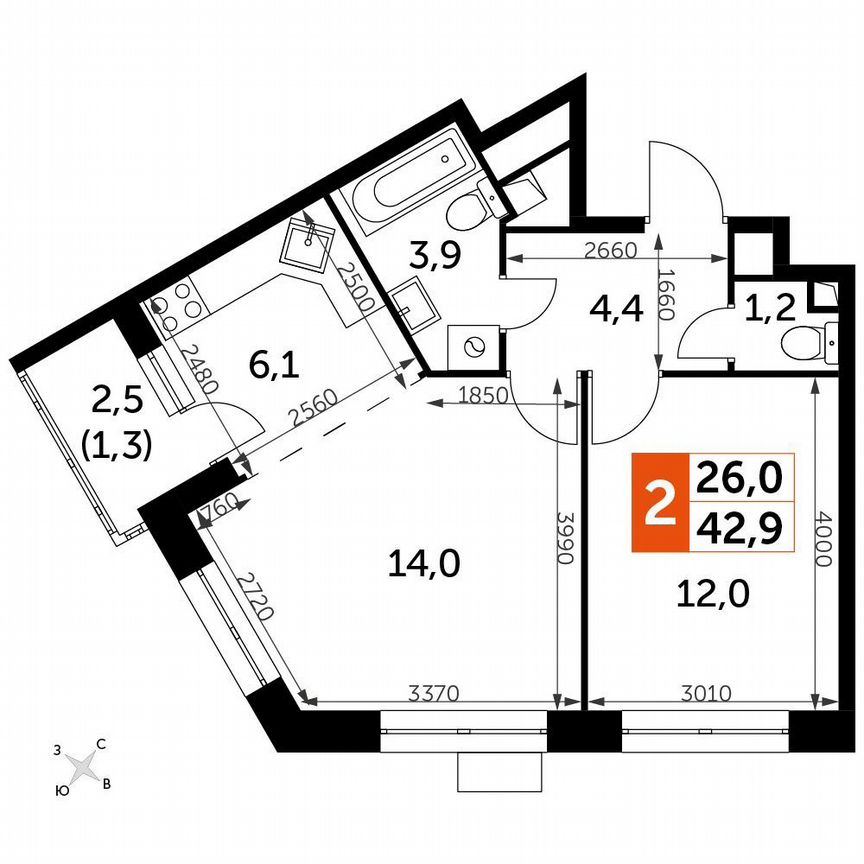 1-к. квартира, 42,9 м², 7/7 эт.