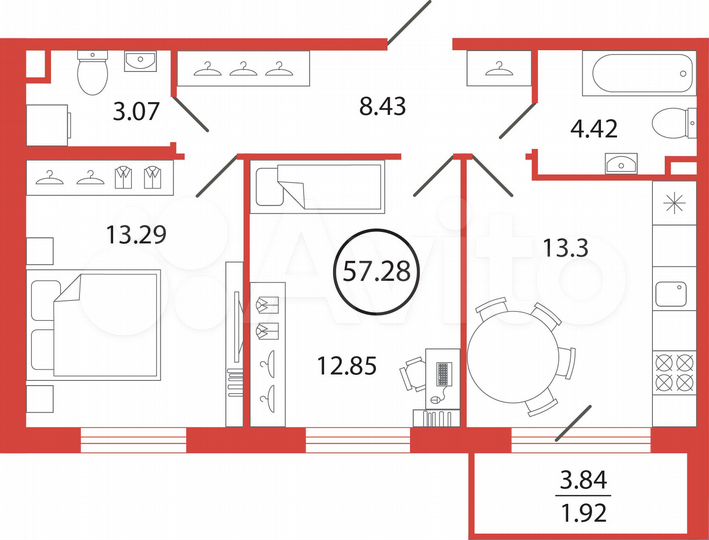 2-к. квартира, 57,3 м², 4/12 эт.