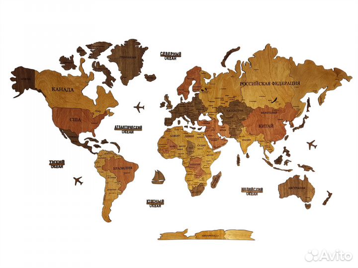Деревянная карта мира на стену 150 х 85 см