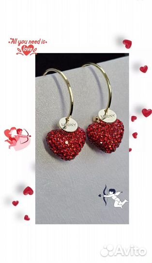 Серьги кольца с красными сердечками золото