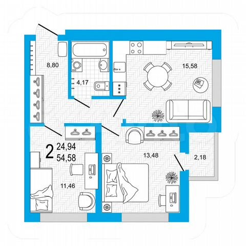 2-к. квартира, 54,6 м², 21/26 эт.
