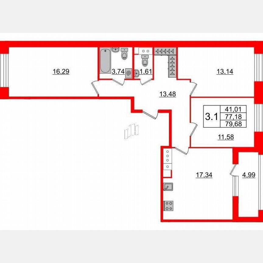 3-к. квартира, 79,7 м², 11/12 эт.