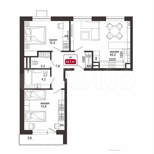 2-к. квартира, 63,9 м², 4/4 эт.