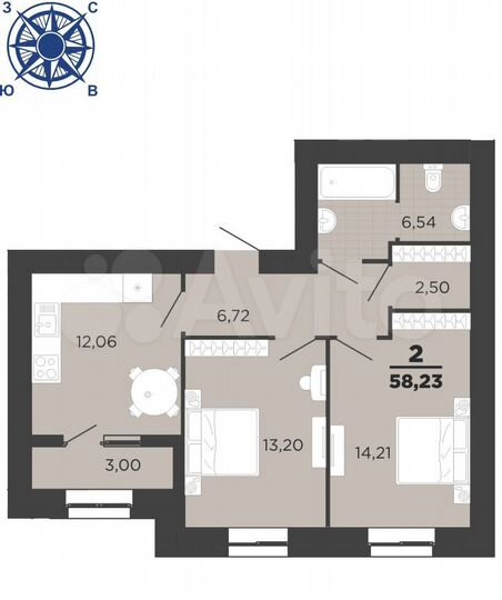 2-к. квартира, 58,2 м², 12/16 эт.
