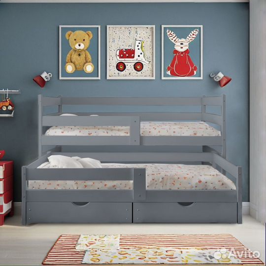 Кровать для двух детей береза серая