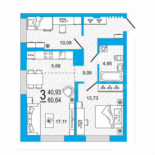 2-к. квартира, 60,6 м², 10/27 эт.