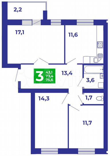 3-к. квартира, 75,6 м², 2/9 эт.