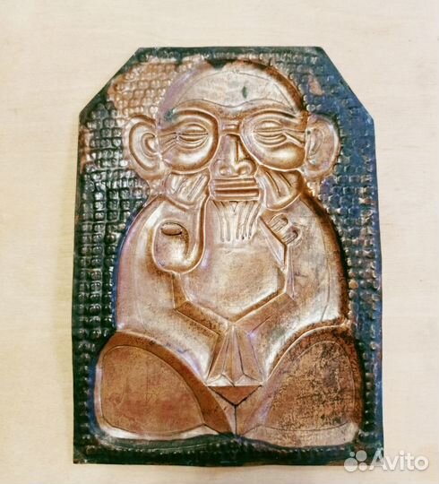 Чеканка Китаец с трубкой медь СССР