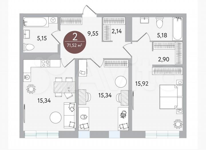 2-к. квартира, 71 м², 12/21 эт.