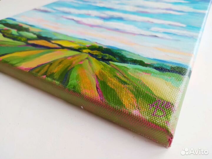 Картина маслом летний пейзаж поле небо облака