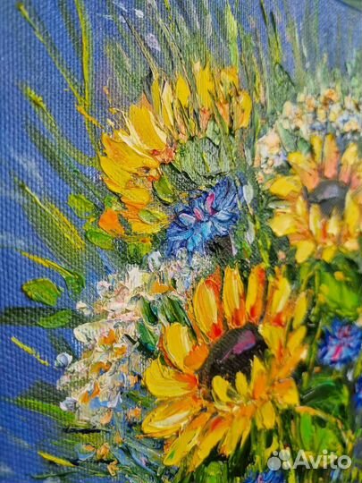 Картина маслом подсолнухи васильки цветы