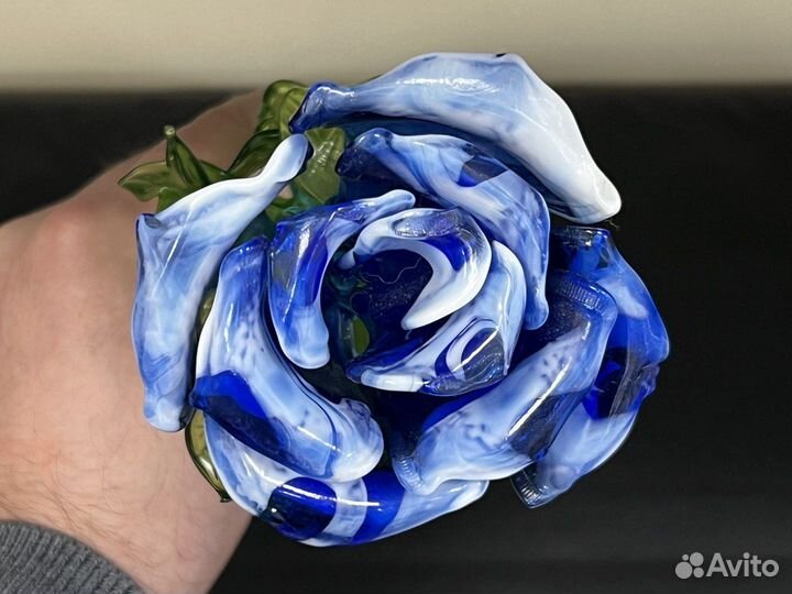 Роза Муранское стекло синяя 44,5 см винтажная