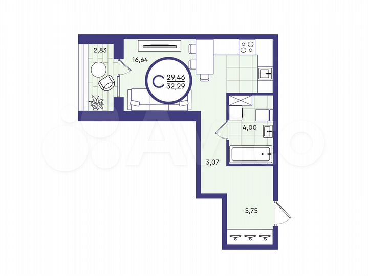 Квартира-студия, 32,3 м², 1/4 эт.