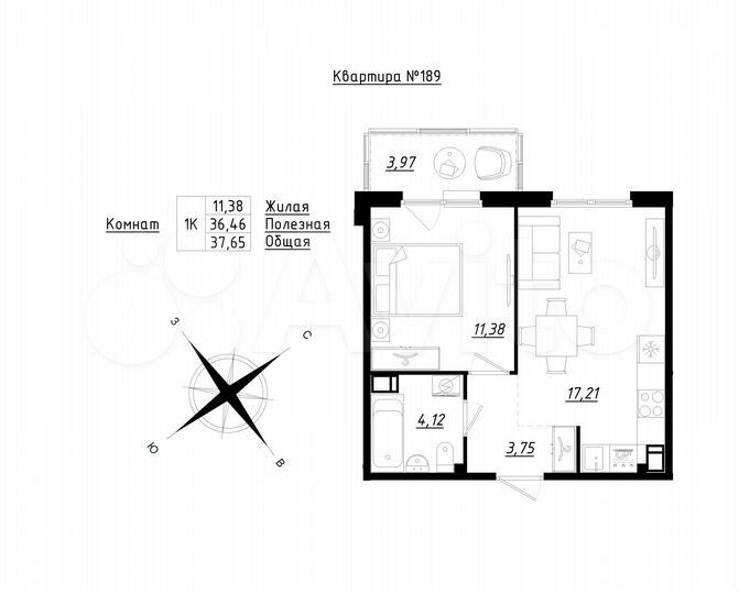 1-к. квартира, 37,7 м², 3/5 эт.