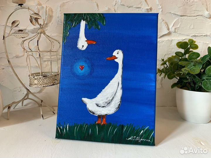 Влюбленные гуси картина на холсте 18х23