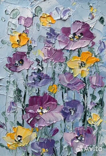 Картина маслом букет цветов тюльпаны лаванда маки