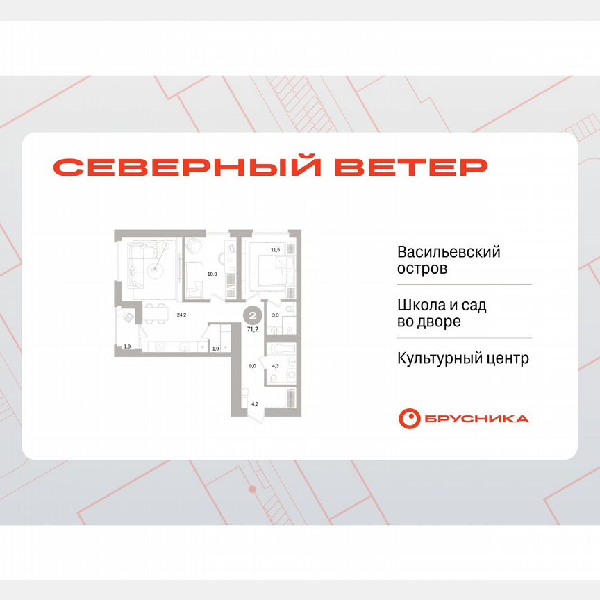 2-к. квартира, 71,1 м², 3/15 эт.