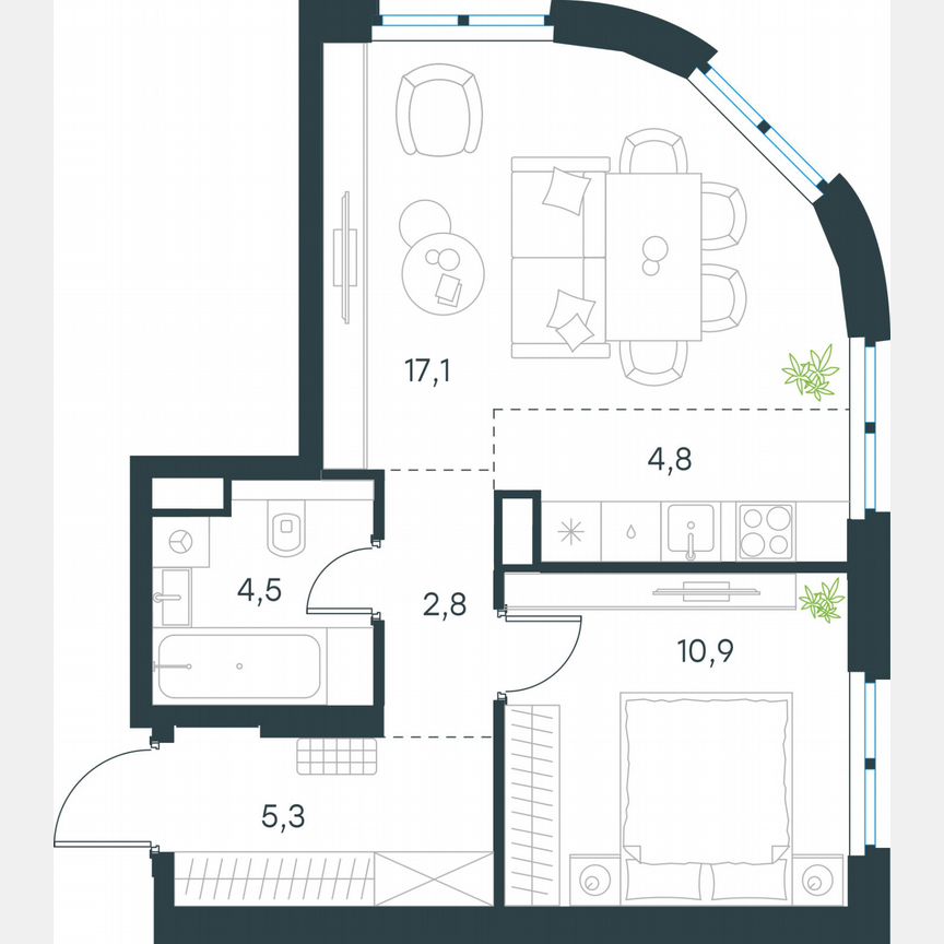 2-к. квартира, 45,4 м², 2/29 эт.